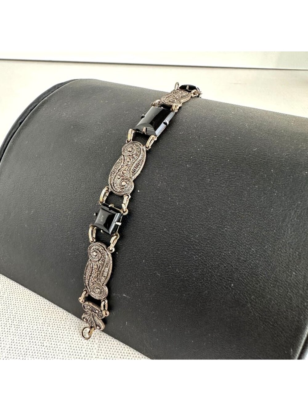 Vintage Black Tourmaline Bracelet Ornate Paisley Link Gold Plated Art Deco